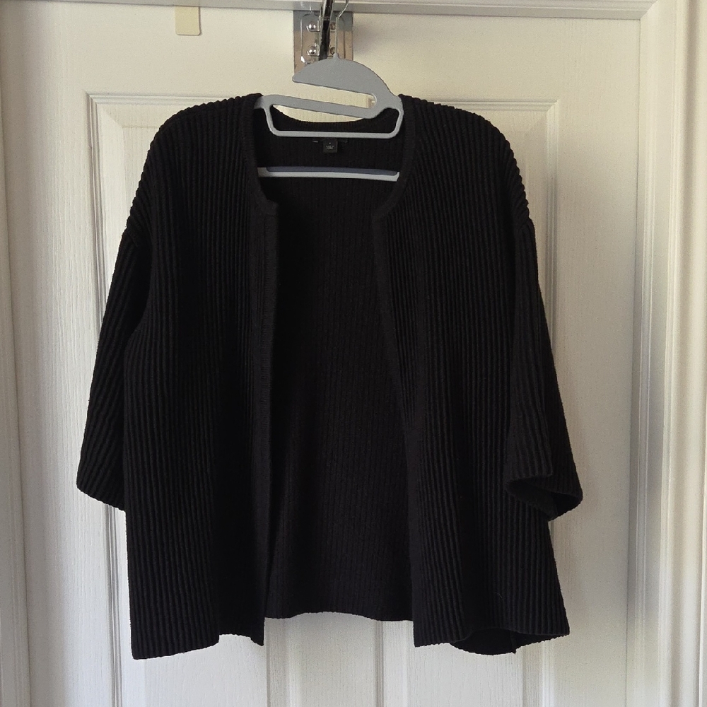 Ann Taylor Black Ribbed Open-Front Short-Sleeve Cardigan